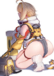 Rule 34 | 1girl, ahoge, ass, black gloves, blonde hair, breasts, clothing cutout, crop top, cropped sweater, elegg (nikke), from behind, gloves, goddess of victory: nikke, grey shorts, hair intakes, hair over eyes, kneeling, large breasts, long bangs, long sleeves, micro shorts, mok4suke, multicolored clothes, multicolored gloves, multicolored hair, shoes, short hair, shorts, shoulder cutout, socks, solo, thigh strap, thighs, two-tone hair, unworn shoes, white background, white socks, yellow gloves