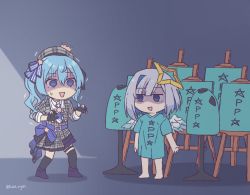 Rule 34 | 2girls, :d, amane kanata, belt, black gloves, black thighhighs, blue belt, blue hair, blue ribbon, blue shirt, boots, colored inner hair, easel, empty eyes, feathered wings, fold-over boots, gloves, grey hair, grey headwear, grey skirt, hair ribbon, halo, hololive, hoshimachi suisei, hoshimachi suisei (1st costume), jitome, kukie-nyan, medium hair, merchandise, multicolored hair, multiple girls, naked shirt, open mouth, partially fingerless gloves, purple eyes, purple footwear, ribbon, shirt, short sleeves, side ponytail, skirt, smile, star halo, thighhighs, turn pale, twitter username, virtual youtuber, white wings, wide-eyed, wings