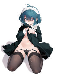 Rule 34 | 1girl, absurdres, ahoge, apron, aqua eyes, aqua hair, bandaid, bandaid on face, bandaid on hand, bandaid on nose, black dress, black panties, black thighhighs, bow, bow panties, breasts, cameltoe, closed mouth, clothes lift, de yi, dress, dress lift, frills, full body, groin, hair between eyes, hair ornament, hairclip, hands up, highres, lifting own clothes, long sleeves, looking at viewer, maid, maid apron, maid headdress, medium breasts, multicolored eyes, navel, no pupils, original, panties, purple eyes, scar, seiza, shadow, short hair, sidelocks, simple background, sitting, skindentation, solo, stomach, suggestive fluid, thighhighs, thighs, underwear, variant set, white background
