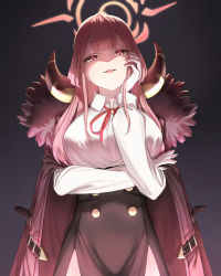 Rule 34 | 1girl, applepie (12711019), aru (blue archive), black background, blue archive, blunt bangs, breasts, fur-trimmed jacket, fur trim, gradient background, halo, hand up, highres, horns, jacket, large breasts, long hair, long sleeves, looking at viewer, naughty face, red eyes, red hair, shirt, smile, solo, white shirt