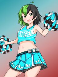 Rule 34 | 1girl, angel, angel wings, arm up, black hair, cheerleader, dino chan, holding, holding pom poms, midriff, miniskirt, navel, non-web source, original, pom pom (cheerleading), pom poms, self-upload, skirt, smile, solo, stomach, white wings, wings
