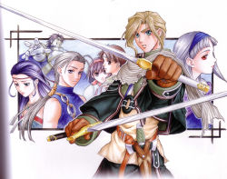 Rule 34 | 3girls, 4boys, antenna hair, armor, belt, black hair, blonde hair, blue eyes, blue hair, brown eyes, brown hair, cape, circlet, dual wielding, everyone, evil grin, evil smile, fighting stance, frown, gauntlets, gensou suikoden, gensou suikoden ii, gensou suikogaiden, gloves, green eyes, grey eyes, grey hair, grin, hair ornament, hairband, highres, holding, ishikawa fumi, jewelry, jillia blight, jowy atreides, jowy atreides-blight, konami, lipstick, long hair, luca blight, makeup, multiple boys, multiple girls, nanami (suikoden), nash latkje, necklace, official art, outstretched arm, outstretched hand, ponytail, profile, red eyes, riou (suikoden), scan, scarf, sheath, shirt, short hair, sierra mikain, sleeveless, sleeveless shirt, sleeveless turtleneck, smile, sword, torn clothes, turtleneck, weapon