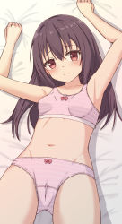 Rule 34 | 1girl, armpits, arms up, bare arms, bare shoulders, bed sheet, blush, bow, bow bra, bow panties, bra, breasts, brown eyes, brown hair, closed mouth, collarbone, commentary request, frown, groin, hair between eyes, head tilt, highres, long hair, lying, navel, on back, original, panties, pink bra, pink panties, small breasts, solo, striped bra, striped clothes, striped panties, takasuma hiro, underwear, underwear only