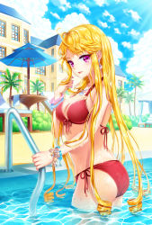 Rule 34 | 1girl, ass, bad id, bad pixiv id, bikini, blonde hair, bracelet, breasts, bush, chair, cinia pacifica, cleavage, earrings, fingernails, front-tie top, jewelry, large breasts, long hair, looking at viewer, lounge chair, medium breasts, nail polish, parted lips, partially submerged, pool, pool ladder, poolside, purple eyes, red bikini, shainea, side-tie bikini bottom, solo, sunlight, swimsuit, sword girls, tent, umbrella, wading, water, wet