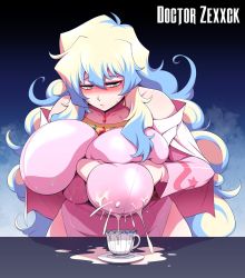 Rule 34 | 1girl, artist name, bare shoulders, blonde hair, blue hair, blush, breasts squeezed together, breasts, collarbone, cup, doctor zexxck, dress, highres, huge breasts, lactating into container, lactation, lactation through clothes, long hair, multicolored hair, nia teppelin, pink dress, simple background, solo, teacup, tengen toppa gurren lagann, very long hair