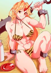 Rule 34 | 1girl, abs, animal print, arm support, barefoot, bikini, blonde hair, blush, breasts, chain, cleavage, club, club (weapon), collarbone, commentary request, cuffs, cup, eyelashes, fugaku (miko no miyatsuguchi), grin, highres, horns, hoshiguma yuugi, knees, large breasts, long hair, looking at viewer, muscular, muscular female, oni, over shoulder, parted bangs, pointy ears, print bikini, red eyes, sakazuki, shackles, single horn, sitting, smile, solo, spiked club, swimsuit, teeth, thighs, tiger print, tokkuri, touhou, weapon, weapon over shoulder