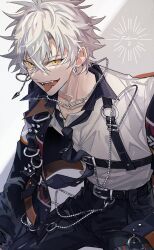 Rule 34 | 1boy, belt, black belt, black necktie, black pants, chest harness, collared shirt, commentary, cowboy shot, earrings, ensemble stars!, fangs, grey hair, harness, highres, jewelry, male focus, necklace, necktie, official alternate costume, ogami koga, open mouth, pants, safety pin, shirt, short hair, solo, spikes, tohcca, tongue, tongue out, twitter username, yellow eyes