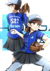Rule 34 | 1girl, ball, baseball, baseball cap, baseball glove, blue headwear, blue pants, blue shirt, blunt bangs, closed mouth, clothes writing, commentary, finnish text, frown, girls und panzer, hair tie, hat, highres, holding, holding ball, looking to the side, low twintails, mikko (girls und panzer), omachi (slabco), pants, pants under skirt, red eyes, red hair, romaji text, shirt, short hair, short sleeves, short twintails, standing, throwing, track pants, twintails