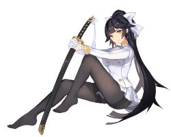Rule 34 | 1girl, azur lane, black hair, black pantyhose, blunt bangs, breasts, closed mouth, from side, full body, gloves, half gloves, holding, holding sword, holding weapon, katana, knee up, long hair, long sleeves, looking at viewer, medium breasts, military, military uniform, miniskirt, no shoes, pantyhose, pleated skirt, ponytail, sheath, sheathed, simple background, sitting, skirt, solo, sword, takao (bilan hangxian), thighband pantyhose, thighs, tsurime, uniform, very long hair, weapon, white background, white gloves, white skirt, yellow eyes, yue (pixiv4635680)