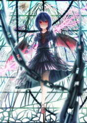 Rule 34 | 1girl, absurdres, bat wings, blue hair, canae0, chain, dress, female focus, glowing, glowing eyes, grin, highres, long sleeves, no headwear, no headwear, red eyes, remilia scarlet, short hair, smile, solo, spear the gungnir, stained glass, touhou, wings