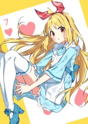 Rule 34 | 1girl, :o, absurdres, ahoge, apron, blonde hair, blue bow, blue dress, blue footwear, blush, bocchi the rock!, bow, brown eyes, card, commentary request, dress, frilled apron, frilled dress, frills, hair ribbon, hairband, heart, high heels, highres, ijichi nijika, long hair, long sleeves, looking at viewer, parted lips, playing card, red hairband, red ribbon, ribbon, ribbon-trimmed sleeves, ribbon trim, shoes, solo, suta0822, thighhighs, two-tone background, very long hair, white apron, white background, white thighhighs, wide sleeves, yellow background