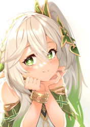 Rule 34 | 1girl, blush, closed mouth, dress, elf, genshin impact, green eyes, hair ornament, hands on own face, long hair, nahida (genshin impact), pointy ears, rizihike, side ponytail, simple background, smile, symbol-shaped pupils, white background, white hair