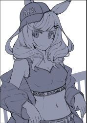 Rule 34 | 1girl, against railing, animal ears, bare shoulders, baseball cap, belt, breasts, cleavage, closed mouth, crop top, greyscale, hat, highres, horse ears, jacket, long hair, looking at viewer, matikane tannhauser (boc&#039;z) (umamusume), matikane tannhauser (umamusume), midriff, monochrome, navel, no nose, off shoulder, pants, railing, shiro3necro, sketch, small breasts, smile, solo, tank top, umamusume, upper body