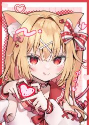 Rule 34 | 1girl, :q, alternate costume, animal ear fluff, animal ears, blonde hair, blush, border, bow, collar, commentary, detached sleeves, flandre scarlet, grey background, hair bow, heart, heart hands, heart print, highres, inset border, jewelry, looking at viewer, multiple rings, red background, red bow, red collar, red eyes, red nails, red sailor collar, ring, sailor collar, shironeko yuuki, shirt, side ponytail, solo, tongue, tongue out, touhou, upper body, white shirt, white sleeves