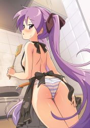 Rule 34 | 1girl, apron, ass, back, black apron, blush, breasts, closed mouth, commentary request, from behind, frying pan, hair ribbon, highres, hiiragi kagami, holding, holding spatula, hotaru iori, ichimi renge, indoors, kitchen, long hair, looking at viewer, looking back, lucky star, nearly naked apron, panties, parted lips, purple eyes, purple hair, ribbon, sideboob, small breasts, solo, spatula, standing, striped clothes, striped panties, sweatdrop, tile wall, tiles, twintails, underwear, very long hair