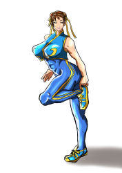 Rule 34 | 1girl, adjusting footwear, alternate costume, arks, bad id, bad pixiv id, bare shoulders, blue bodysuit, blue footwear, bodysuit, bow, breasts, brown hair, capcom, china dress, chinese clothes, chun-li, double bun, dress, female focus, full body, hair bow, highres, large breasts, poorly drawn, shoes, short hair, simple background, sneakers, solo, standing, standing on one leg, street fighter, tight clothes, vest, white background, yellow bow