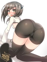 Rule 34 | 10s, 1girl, all fours, ass, bike shorts, black thighhighs, blush, breasts, brown hair, character name, dated, embarrassed, from behind, headband, highres, image sample, kantai collection, kuro chairo no neko, long hair, long sleeves, looking back, open mouth, panties under bike shorts, pantylines, sideboob, sidelocks, small breasts, solo, taihou (kancolle), thighhighs, twitter username, yellow eyes