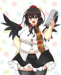 Rule 34 | 1girl, absurdres, belly, black hair, black skirt, black wings, blush, breasts, buttons, commentary request, cowboy shot, fat, feathered wings, food, grey thighhighs, hair between eyes, hand on own hip, hat, highres, holding, holding newspaper, large breasts, looking at viewer, macaron, macaron background, medium hair, navel, nerizou, newspaper, open mouth, pointy ears, red eyes, red hat, shameimaru aya, shirt, short sleeves, skirt, solo, star (symbol), straight-on, thick arms, thick thighs, thighhighs, thighs, tokin hat, touhou, white background, white shirt, wing collar, wings