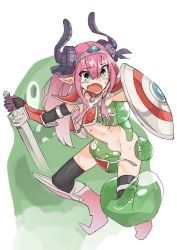 Rule 34 | 1girl, armor, bad id, bad twitter id, bikini, black thighhighs, boots, elbow gloves, elizabeth bathory (brave) (fate), elizabeth bathory (fate), fang, fate/grand order, fate (series), gloves, hairband, highres, holding, holding shield, holding sword, holding weapon, horns, legs apart, long hair, maid, maid bikini, muchi maro, navel, open mouth, pauldrons, pink hair, pointy ears, pointy footwear, rape, shield, shoulder armor, slime (dragon quest), slime (substance), solo, standing, swimsuit, sword, tears, thighhighs, unconventional maid, weapon, wide-eyed