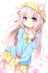 Rule 34 | 1girl, animal ears, azur lane, blue shirt, blush, bow, bowtie, cat ears, cat girl, cat tail, closed mouth, collarbone, commentary request, covering crotch, covering privates, ears through headwear, hair between eyes, hair ribbon, hand on own chest, hat, highres, kindergarten uniform, kisaragi (azur lane), kouda suzu, long hair, long sleeves, looking at viewer, pink eyes, pleated skirt, purple eyes, red ribbon, ribbon, sailor collar, school hat, shirt, simple background, skirt, solo, star (symbol), starry background, tail, thighhighs, very long hair, white background, white sailor collar, white thighhighs, yellow bow, yellow bowtie, yellow hat, yellow skirt