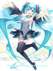 Rule 34 | 1girl, absurdly long hair, absurdres, after0217, anniversary, blue eyes, blue hair, blush, boots, breasts, collared shirt, detached sleeves, full body, hair ornament, hatsune miku, highres, long hair, long sleeves, looking at viewer, medium breasts, nail polish, necktie, open mouth, outstretched arms, pleated skirt, reaching, reaching towards viewer, shirt, sideboob, skirt, sleeveless, sleeveless shirt, smile, solo, standing, standing on one leg, thigh boots, twintails, very long hair, vocaloid