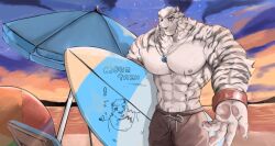 Rule 34 | 1boy, abs, animal ears, arknights, bara, beach, beach umbrella, beckoning, brown male swimwear, bryanj0212, facial hair, feet out of frame, furry, furry male, goatee, highres, holding, holding surfboard, large hands, large pectorals, lifeguard, male focus, male swimwear, merchandise, mountain (arknights), muscular, muscular male, nipples, outstretched hand, pectorals, reaching, reaching towards viewer, scar, scar across eye, scar on arm, short hair, solo, stomach, sunset, surfboard, swim trunks, thick eyebrows, tiger boy, tiger ears, topless male, umbrella, whistle, whistle around neck, white hair