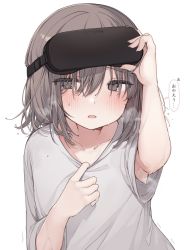Rule 34 | 1girl, arm up, blush, brown eyes, brown hair, commentary request, grey shirt, hair between eyes, hands up, head-mounted display, highres, looking at viewer, original, parted lips, shin no tenpii, shirt, short sleeves, simple background, solo, steam, translation request, upper body, white background