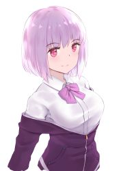 Rule 34 | 10s, 1girl, blush, bow, breasts, closed mouth, collared shirt, commentary request, gridman universe, hair between eyes, jacket, jilu, looking away, off shoulder, pink hair, purple bow, purple jacket, red eyes, shinjou akane, shirt, short hair, simple background, small breasts, smile, solo, ssss.gridman, upper body, white background, white shirt