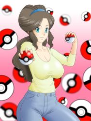 Rule 34 | 10s, 1girl, blue eyes, breasts, brown hair, cleavage, creatures (company), game freak, haru (hall), looking at viewer, mature female, mother (pokemon), nintendo, poke ball, pokemon, pokemon bw, ponytail, unova mother (bw)