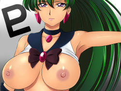 Rule 34 | 1girl, armpits, bishoujo senshi sailor moon, black neckwear, bow, breasts, breasts out, brooch, brown bow, choker, dark-skinned female, dark skin, earrings, expressionless, gradient background, green hair, grey background, jewelry, large breasts, lento (glamour works), long hair, looking at viewer, magical girl, meiou setsuna, nipples, pluto symbol, purple eyes, sailor collar, sailor pluto, shiny skin, solo, upper body, white background