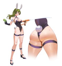 Rule 34 | 1girl, absurdres, animal ears, ass, ass focus, breasts, commentary, english commentary, fake animal ears, full body, green hair, hair between eyes, highres, holding, holding water gun, leotard, long hair, lower body, pixxel, playboy bunny, purple eyes, rabbit ears, rabbit tail, side ponytail, smile, solo, sousou no frieren, strapless, strapless leotard, tail, thick thighs, thigh strap, thighs, ubel (sousou no frieren), water, water gun