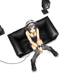 Rule 34 | 1girl, bare shoulders, black dress, black eyes, black footwear, boots, breasts, cable, cleavage, couch, cross, cross necklace, dress, from above, full body, grey thighhighs, headphones, jewelry, knees together feet apart, looking at viewer, looking up, medium breasts, necklace, on chair, shoes, silver hair, simple background, sitting, sleeveless, solo, speaker, thighhighs, unzipped, white background, wrist cuffs, zipper
