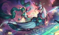 Rule 34 | 1girl, alternate hair color, detached sleeves, glasses, green hair, league of legends, long hair, magical girl, mouse, official art, sona (league of legends), star guardian (league of legends), star guardian sona, twintails, very long hair