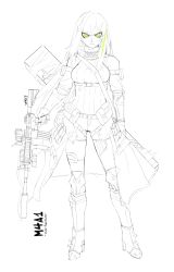 Rule 34 | 1girl, assault rifle, character name, clothes around waist, copyright name, determined, full body, girls&#039; frontline, green eyes, gun, high heels, highres, jacket, jacket around waist, long hair, m4 carbine, m4a1 (girls&#039; frontline), m4a1 (mod3) (girls&#039; frontline), mod3 (girls&#039; frontline), rei no himo, rifle, scarf, signature, sketch, solo, thighhighs, underbust, unfinished, warfakaid, weapon, white background