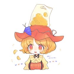 Rule 34 | 1girl, aki minoriko, artist name, blonde hair, character name, cropped torso, food, food on head, fruit, fruit on head, grapes, hat, highres, m (m073111), object on head, open mouth, orange (fruit), red eyes, red hat, shirt, short hair, simple background, smile, solo, touhou, upper body, white background, yellow shirt