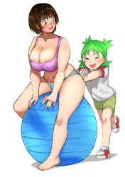Rule 34 | 2girls, ^ ^, ayase fuuka, ball, barefoot, bra, breasts, brown eyes, brown hair, cleavage, closed eyes, exercise ball, closed eyes, full body, green hair, highres, koiwai yotsuba, large breasts, multiple girls, panties, plump, quad tails, raglan sleeves, short hair, shorts, simple background, thick thighs, thighs, underwear, wavy mouth, white background, wide hips, yotsubato!