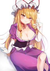 Rule 34 | 1girl, absurdres, alternate eye color, black corset, blonde hair, blurry, blurry background, bow, breasts, choker, cleavage, corset, crossed legs, dress, elbow gloves, frilled dress, frilled sleeves, frills, gloves, hair bow, hand in own hair, hat, hat ribbon, head tilt, highres, light, long hair, looking at viewer, medium breasts, mob cap, pink eyes, purple dress, purple eyes, red bow, red choker, red ribbon, ribbon, ribbon choker, saki (14793221), shiny clothes, shiny skin, short sleeves, sidelocks, simple background, sitting, smile, solo, touhou, very long hair, white background, white gloves, white hat, yakumo yukari