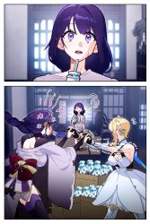 Rule 34 | 3girls, ?, absurdres, anger vein, bare shoulders, black legwear, blonde hair, bottle, box, braid, breasts, bridal gauntlets, casual, cleavage, commentary, detached sleeves, dress, english commentary, fingerless gloves, flower, genshin impact, gloves, hair flower, hair ornament, highres, holding, holding bottle, indoors, japanese clothes, kimono, large breasts, long hair, looking at viewer, lumine (genshin impact), medium breasts, medium hair, mole, mole under eye, multiple girls, obi, open mouth, purple eyes, purple flower, purple hair, purple legwear, raiden shogun, ribbon, rpdls56 genshin, sash, short hair with long locks, short sleeves, shrug (clothing), spoken question mark, standing, sweatdrop, tassel, thighhighs, trembling, white dress, wide sleeves