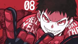 Rule 34 | 1boy, black hair, chappii (paon gunsou), crazy smile, en&#039;en no shouboutai, fang, fangs, fire fighter, gloves, highres, open mouth, red background, red eyes, red theme, sharp teeth, shinra kusakabe, short hair, smile, teeth