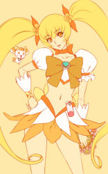 Rule 34 | 10s, 1girl, blonde hair, bow, brooch, cure sunshine, eiwa, hand on own hip, heart, heart brooch, heartcatch precure!, instrument, jewelry, long hair, magical girl, midriff, myoudouin itsuki, orange background, orange bow, orange eyes, potpourri (heartcatch precure!), precure, tambourine, twintails, very long hair, yellow background, yellow theme