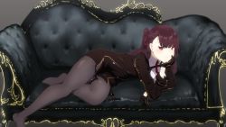 Rule 34 | 1girl, black gloves, black jacket, breasts, closed mouth, commentary request, couch, elbow rest, filigree, full body, girls&#039; frontline, gloves, gold trim, grey background, grey pantyhose, hair ribbon, head rest, highres, jacket, legs, long hair, looking at viewer, lying, necktie, no shoes, on couch, on side, pantyhose, purple hair, red eyes, red necktie, red ribbon, ribbon, satokoh9112ushi, shirt, side ponytail, simple background, solo, thighs, tsurime, wa2000 (girls&#039; frontline), white shirt