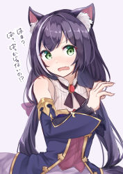 Rule 34 | 1girl, absurdres, animal ear fluff, animal ears, black hair, black ribbon, blush, bow, cat ears, cat tail, commentary request, detached sleeves, dress, fang, gem, green eyes, harukasu (mememememo), highres, karyl (princess connect!), looking at viewer, low twintails, multicolored hair, princess connect!, red bow, ribbon, skin fang, sleeveless, sleeveless dress, sleeveless turtleneck, solo, streaked hair, tail, translated, turtleneck, twintails, white hair, wide sleeves