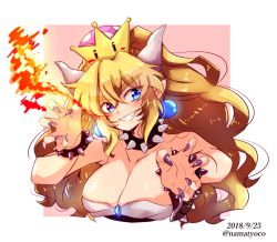 Rule 34 | 1girl, bare shoulders, black dress, blonde hair, blue eyes, blush, bowsette, bracelet, breath weapon, breathing fire, claw pose, collar, collarbone, dated, dress, fingernails, fire, grin, hair between eyes, highres, horns, jewelry, mario (series), nail polish, namatyoco, new super mario bros. u deluxe, nintendo, pointy ears, ponytail, sharp fingernails, shell, smile, solo, spiked bracelet, spiked collar, spikes, strapless, strapless dress, super crown, thick eyebrows, twitter username, upper body