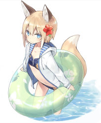 Rule 34 | 1girl, animal ear fluff, animal ears, bikini, black bikini, blue eyes, blush, breasts, closed mouth, commentary request, drawstring, floral print, fox ears, fox girl, fox tail, hair between eyes, highres, hood, hood down, hooded jacket, innertube, jacket, leaning forward, light brown hair, long sleeves, looking at viewer, navel, open clothes, open jacket, original, poco (asahi age), sleeves past wrists, small breasts, smile, solo, standing, striped, swim ring, swimsuit, tail, transparent, water, white background, white jacket