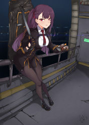 Rule 34 | 1girl, absurdres, against railing, black footwear, black pantyhose, black skirt, blazer, blouse, blush, breasts, can, collared shirt, commentary request, full body, girls&#039; frontline, giving, gloves, hair ribbon, half updo, highres, holding, holding can, holding strap, jacket, lamppost, large breasts, leaning forward, legs together, lens flare, long hair, looking at viewer, necktie, night, on railing, one side up, open mouth, pantyhose, pelvic curtain, purple hair, railing, red eyes, red necktie, red ribbon, ribbon, scenery, shirt, shitamichi, shoes, sidelocks, signature, sitting, skirt, solo, standing, strap, striped clothes, striped shirt, thighband pantyhose, tie clip, very long hair, wa2000 (girls&#039; frontline), weapon bag
