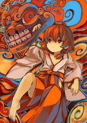 Rule 34 | 1girl, barefoot, dragon, feet, japanese clothes, kitsune (kazenouta), miko, open mouth, original, red eyes, red hair, short hair, solo