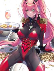 Rule 34 | 1girl, bodysuit, borrowed design, coin, cup, drinking glass, green eyes, gundam, half-closed eye, hand on ground, haro, holding, holding tray, licking lips, long hair, looking at viewer, original, personification, pilot suit, pink hair, pochi (pochi-goya), red bodysuit, solo, squatting, tongue, tongue out, tray, twintails, white background, wine glass