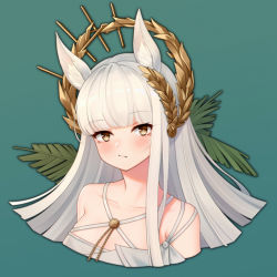 Rule 34 | 1girl, animal ear fluff, animal ears, arknights, bare shoulders, brown eyes, commentary request, criss-cross halter, cropped torso, green background, halterneck, kaleid, laurel crown, long hair, looking at viewer, official alternate costume, platinum (arknights), platinum (shimmering dew) (arknights), silver hair, simple background, solo, upper body
