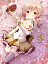 Rule 34 | 10s, 1girl, bad id, bad pixiv id, blonde hair, blush, breasts, cleavage, flower, large breasts, mahou shoujo madoka magica, mahou shoujo madoka magica (anime), sakura romu, skirt, solo, striped clothes, striped thighhighs, thighhighs, tomoe mami, vertical-striped clothes, vertical-striped thighhighs, yellow eyes, yellow skirt