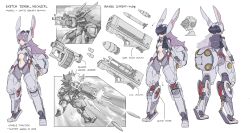 Rule 34 | 1girl, absurdres, animal ears, arms at sides, breasts, center opening, character sheet, commentary, crop top, digitigrade, english commentary, english text, fake animal ears, fingerless gloves, flat color, from behind, full body, gloves, grenade launcher, head-mounted display, helmet, highres, long hair, mecha musume, mechanical ears, mechanical legs, mechanical tail, missile, multiple views, navel, nuclear weapon, original, purple hair, red eyes, rocket launcher, science fiction, small breasts, tail, weapon, white background, zen (jirakun)